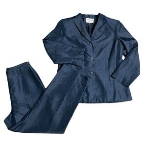 Kasper Silk Pants Suit Womens 10 Navy Blue ASL Single Breasted Classic Blazer